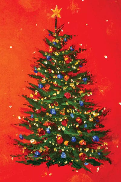 Pine Trees: Christmas Tree On Red Background by Valery Rybakow