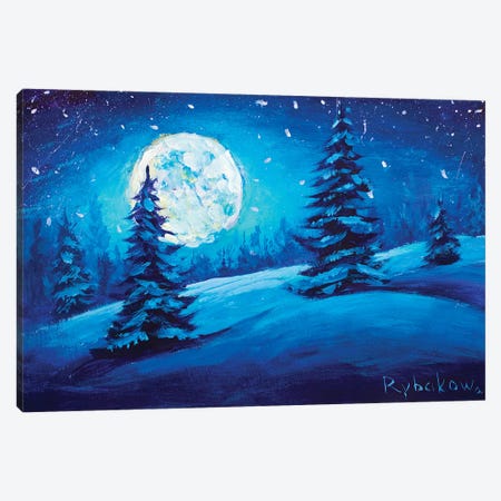 Christmas Fir Pine Trees In Night Forest Wood With Big Moon Canvas Print #VRY242} by Valery Rybakow Canvas Artwork