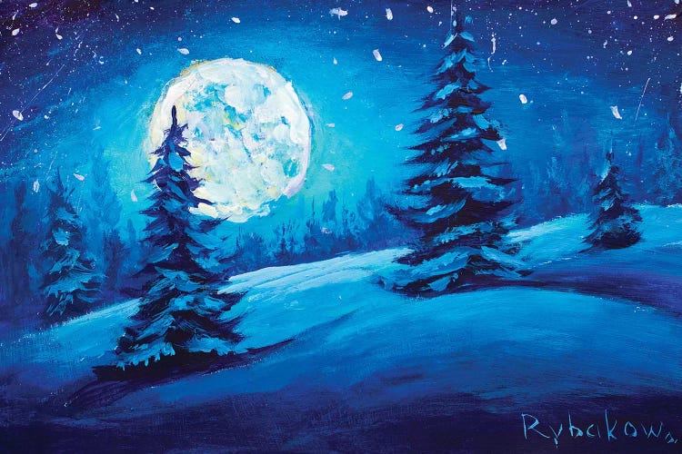 Christmas Fir Pine Trees In Night Forest Wood With Big Moon