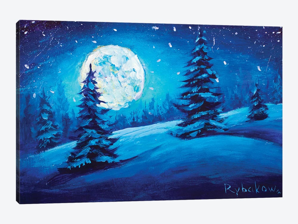 Christmas Fir Pine Trees In Night Forest Wood With Big Moon by Valery Rybakow 1-piece Canvas Art Print