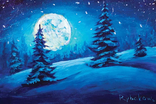 Valery Rybakow: Christmas Fir Pine Trees In Night Forest Wood With Big Moon by Valery Rybakow