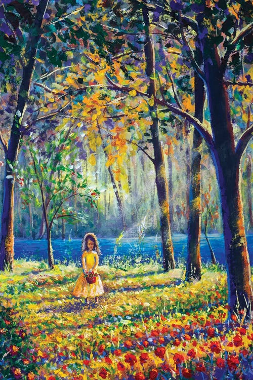 Little Girl In Sunny Sunlight Flowers Forest