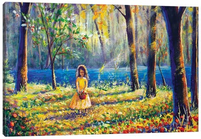 Beautiful Little Girl In Sunny Sunlight Flowers Forest Park Canvas Art Print - Valery Rybakow