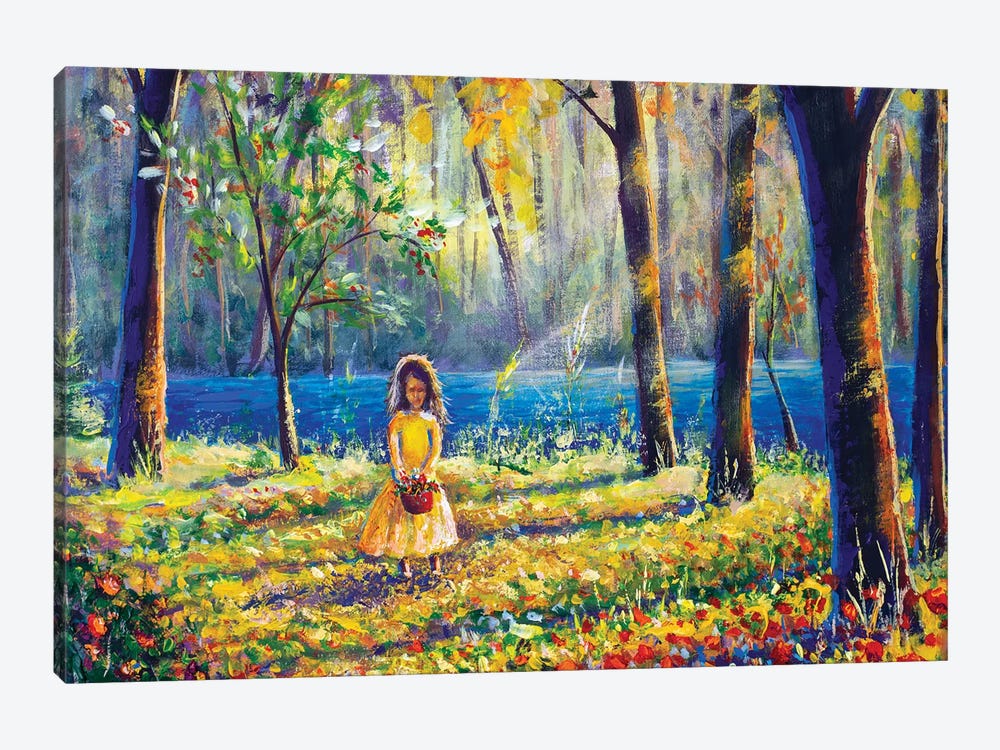 Beautiful Little Girl In Sunny Sunlight Flowers Forest Park by Valery Rybakow 1-piece Canvas Wall Art