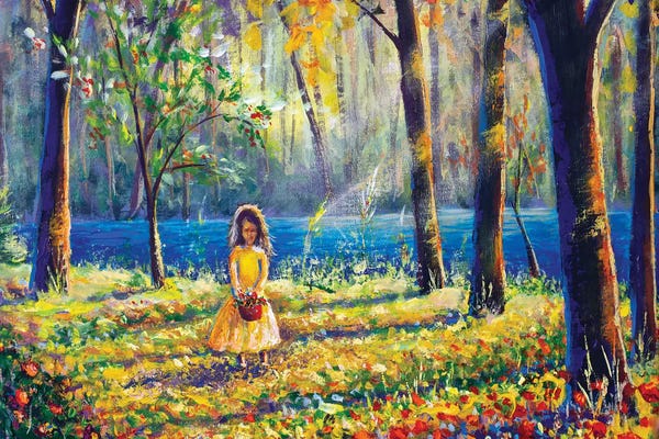 Beautiful Little Girl In Sunny Sunlight Flowers Forest Park