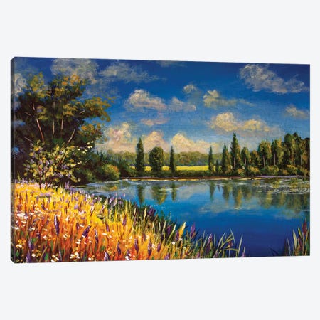 Beautiful Autumn Field Of Flowers Near Pond Lake River Canvas Print #VRY276} by Valery Rybakow Canvas Wall Art