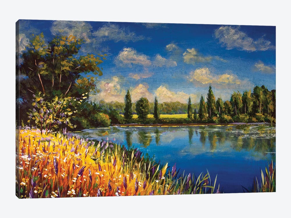 Beautiful Autumn Field Of Flowers Near Pond Lake River by Valery Rybakow 1-piece Canvas Art