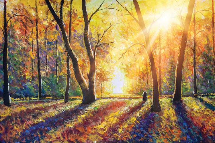 Sunny Autumn Dark Trees In Gold Autumn Forest Park Wood Alley Impressionism Art