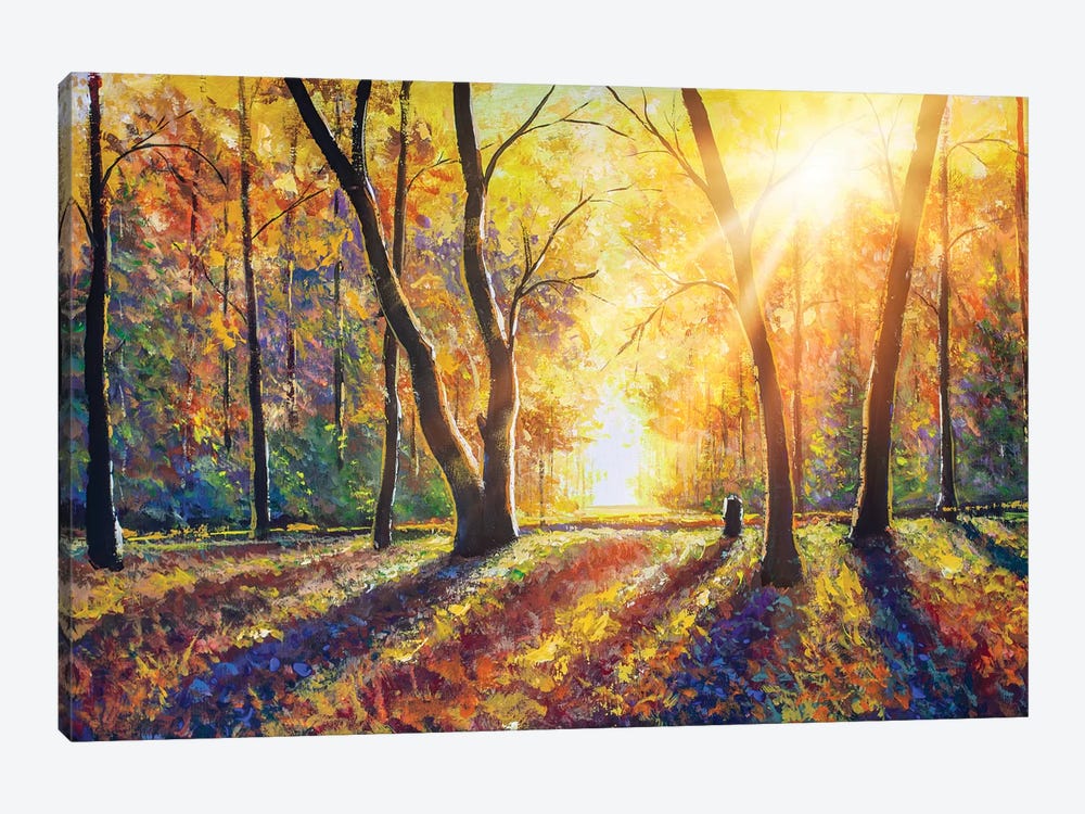 Sunny Autumn Dark Trees In Gold Autumn Forest Park Wood Alley Impressionism Art by Valery Rybakow 1-piece Canvas Wall Art