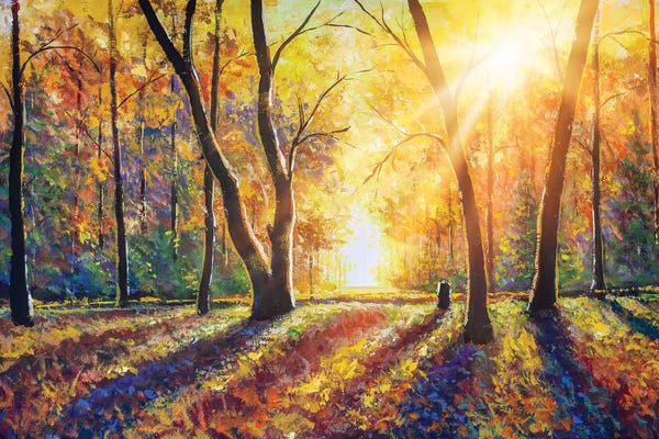 Valery Rybakow: Sunny Autumn Dark Trees In Gold Autumn Forest Park Wood Alley Impressionism Art by Valery Rybakow