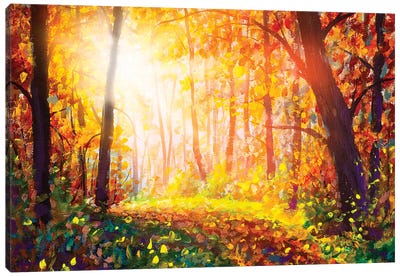 Footpath Through Foggy Forest In Autumn Illuminated By Sunbeams Canvas Art Print - Current Day Impressionism Art