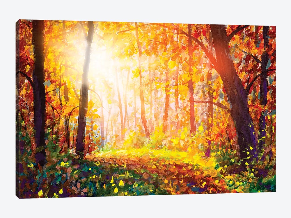 Footpath Through Foggy Forest In Autumn Illuminated By Sunbeams by Valery Rybakow 1-piece Canvas Print