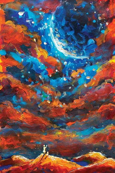 Canvas Print: Dream Girl And Cat Look To Big Planet by Valery Rybakow - thumbnail