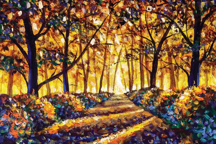 Gold Orange Autumn Road In Forest Landscape