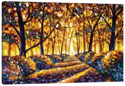 Gold Orange Autumn Road In Forest Landscape Canvas Art Print - Current Day Impressionism Art