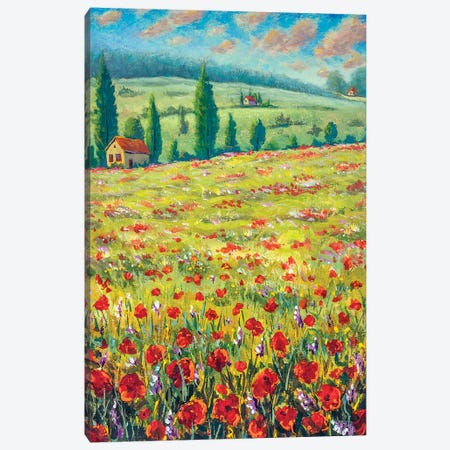 High Cypresses, Field Of Red Poppies, Old Village Houses, Road, Mountains And Blue Sky Canvas Print #VRY290} by Valery Rybakow Canvas Art Print