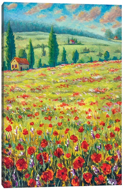 High Cypresses, Field Of Red Poppies, Old Village Houses, Road, Mountains And Blue Sky Canvas Art Print - Cypress Tree Art
