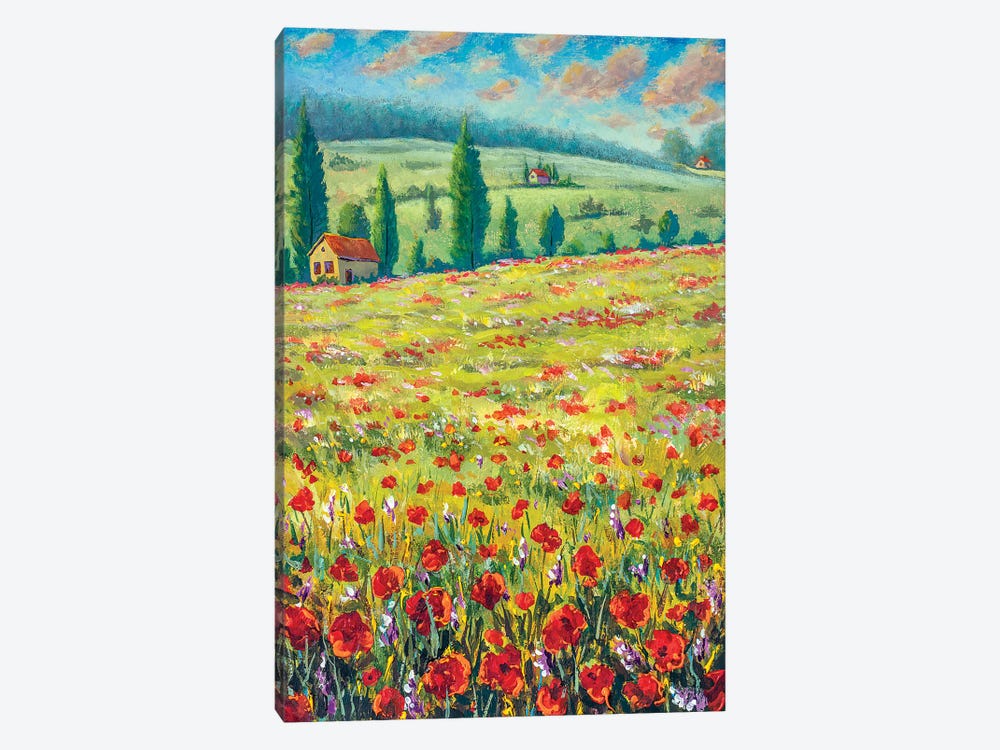 High Cypresses, Field Of Red Poppies, Old Village Houses, Road, Mountains And Blue Sky by Valery Rybakow 1-piece Canvas Wall Art