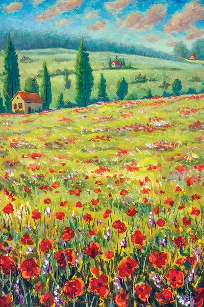 High Cypresses, Field Of Red Poppies, Old Village Houses, Road, Mountains And Blue Sky