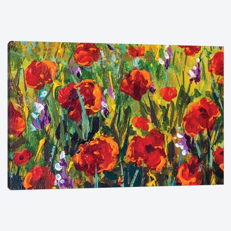 Red Poppies Tulips Rose Flowers In Green Grass Palette Knife Painting Canvas Print #VRY293} by Valery Rybakow Canvas Art Print