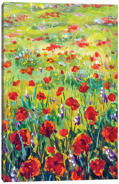 Red And Purple Flowers In Yellow Grass Canvas Art Print - Current Day Impressionism Art