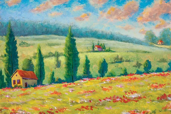 Cypress Trees: Beautiful Houses In Flower Mountains by Valery Rybakow