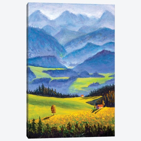 Small Village Houses On Sunny Flower Meadows In High Mountains Canvas Print #VRY296} by Valery Rybakow Canvas Art