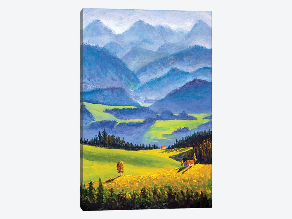 Small Village Houses On Sunny Flower Meadows In High Mountains by Valery Rybakow 1-piece Canvas Artwork