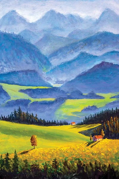 Valery Rybakow: Small Village Houses On Sunny Flower Meadows In High Mountains by Valery Rybakow