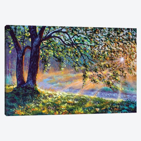 First Sun Rays In River. Big Trees And Warm Sunny Grass Canvas Print #VRY316} by Valery Rybakow Canvas Art Print
