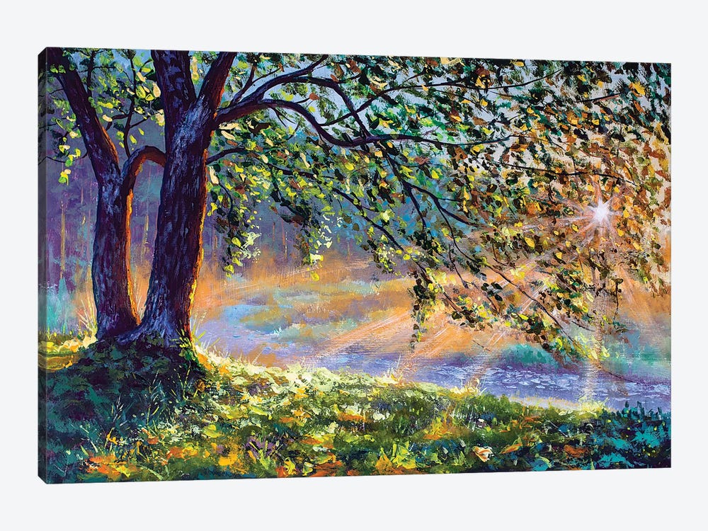 First Sun Rays In River. Big Trees And Warm Sunny Grass by Valery Rybakow 1-piece Canvas Print
