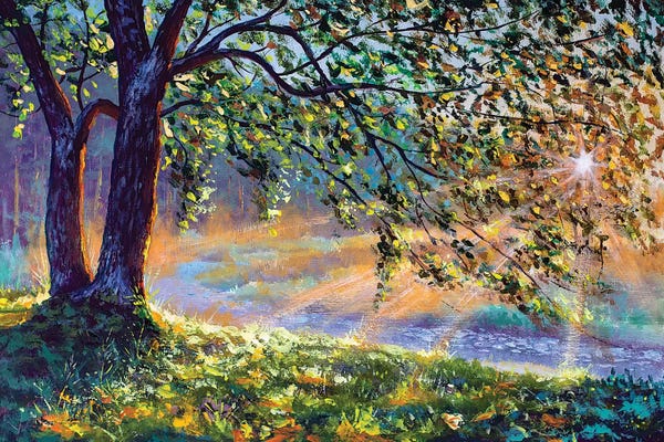 Valery Rybakow: First Sun Rays In River. Big Trees And Warm Sunny Grass by Valery Rybakow
