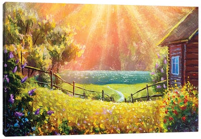 Beautiful Summer Flowers In Front Of A Wooden Village House Illuminated By Sunbeams Canvas Art Print - Valery Rybakow