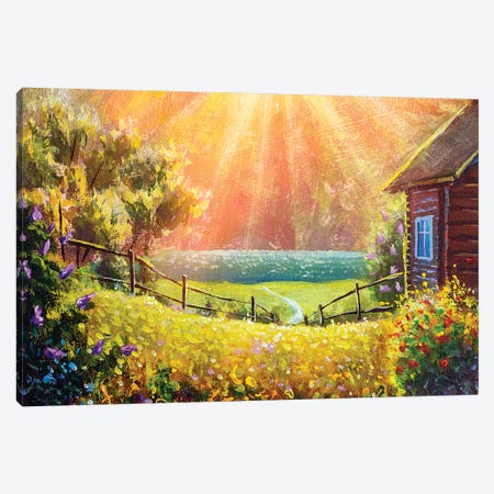 Beautiful Summer Flowers In Front Of A Wooden Village House Illuminated By Sunbeams Canvas Print #VRY319} by Valery Rybakow Canvas Wall Art