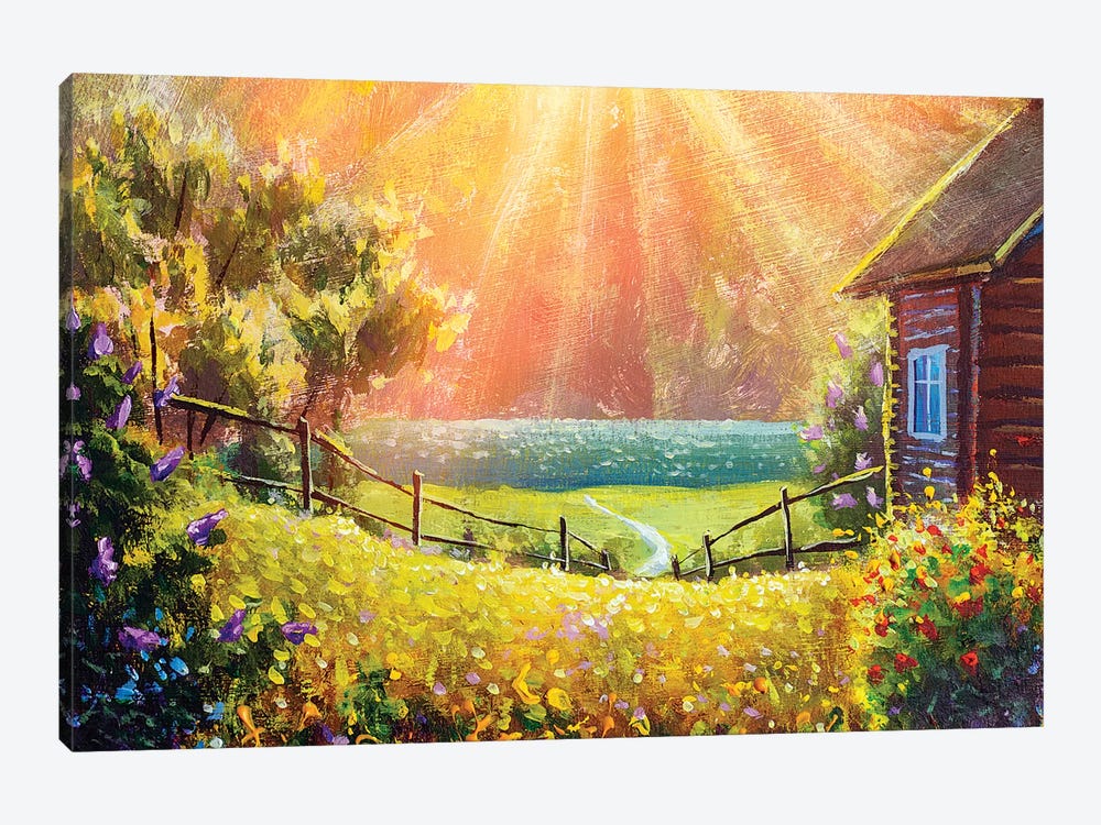 Beautiful Summer Flowers In Front Of A Wooden Village House Illuminated By Sunbeams by Valery Rybakow 1-piece Canvas Wall Art