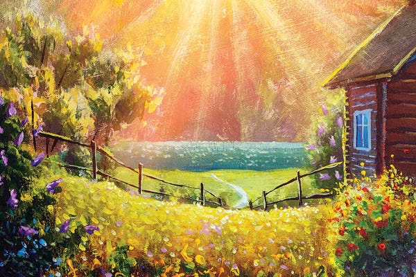Valery Rybakow: Beautiful Summer Flowers In Front Of A Wooden Village House Illuminated By Sunbeams by Valery Rybakow