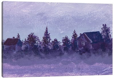 Night Rural Landscape With Old Russian Village Houses And Trees Canvas Art Print - Purple Art