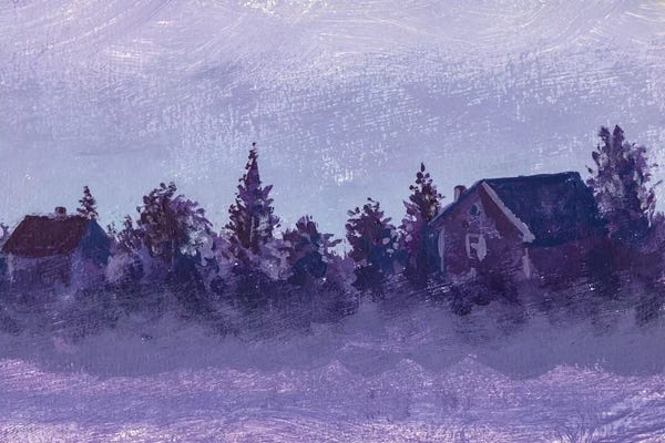 Valery Rybakow: Night Rural Landscape With Old Russian Village Houses And Trees by Valery Rybakow