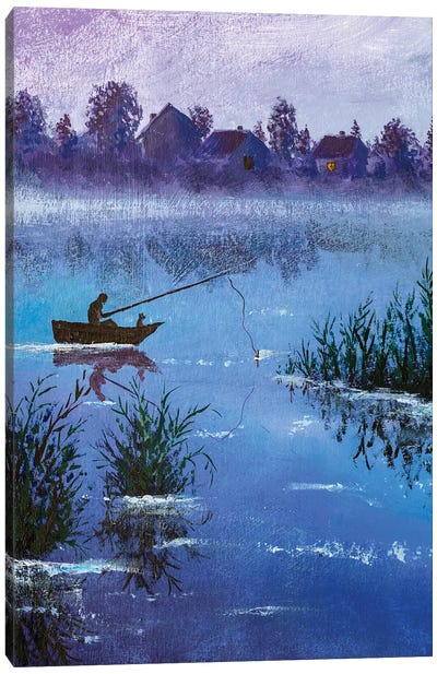 Winter Night Fishing On A Rural Lake Canvas Art Print - Pantone 2022 Very Peri