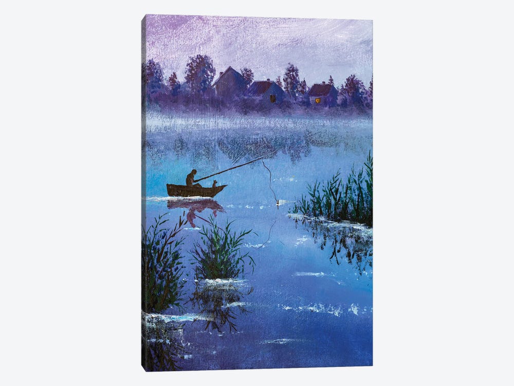 Winter Night Fishing On A Rural Lake by Valery Rybakow 1-piece Canvas Artwork