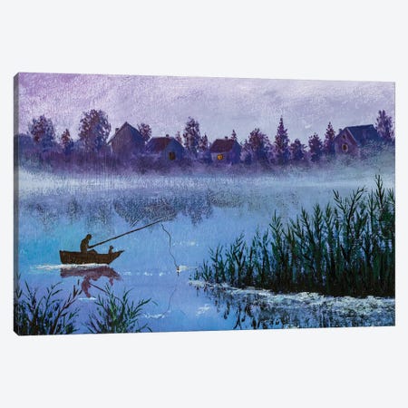 Night Fishing On Rural Village Lake Canvas Print #VRY323} by Valery Rybakow Art Print
