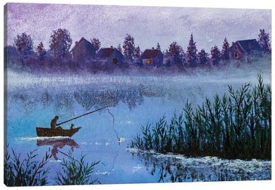 Night Fishing On Rural Village Lake Canvas Art Print - Fishing Art
