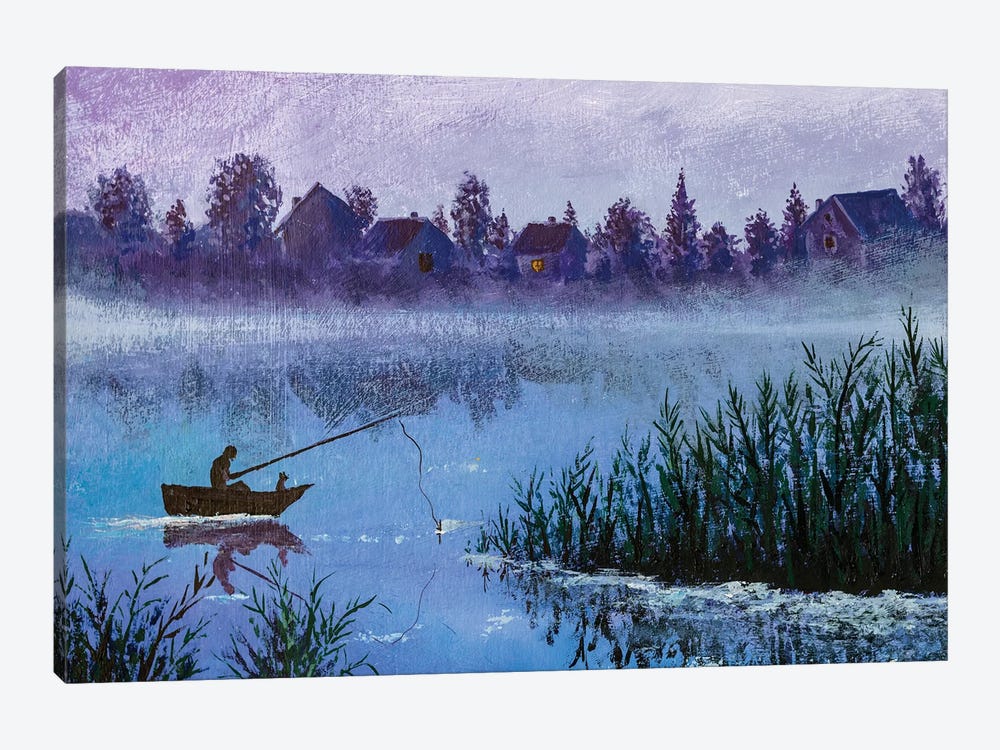 Night Fishing On Rural Village Lake by Valery Rybakow 1-piece Art Print