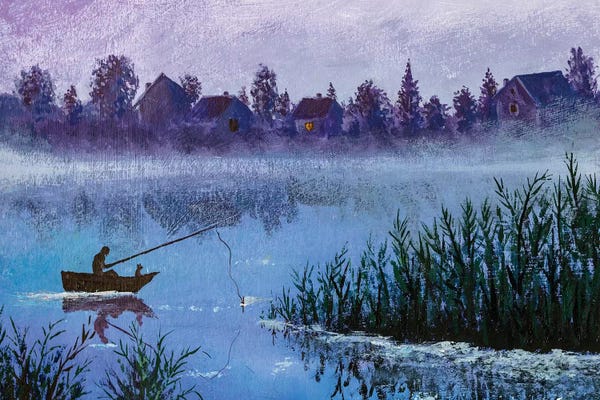 Valery Rybakow: Night Fishing On Rural Village Lake by Valery Rybakow