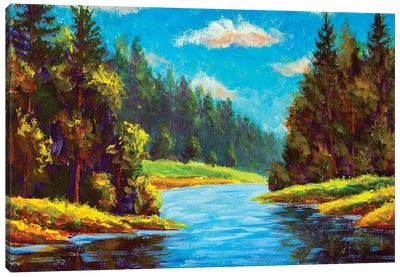 Blue River In Forest Canvas Art Print - Valery Rybakow