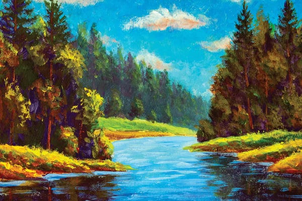 Pine Trees: Blue River In Forest by Valery Rybakow