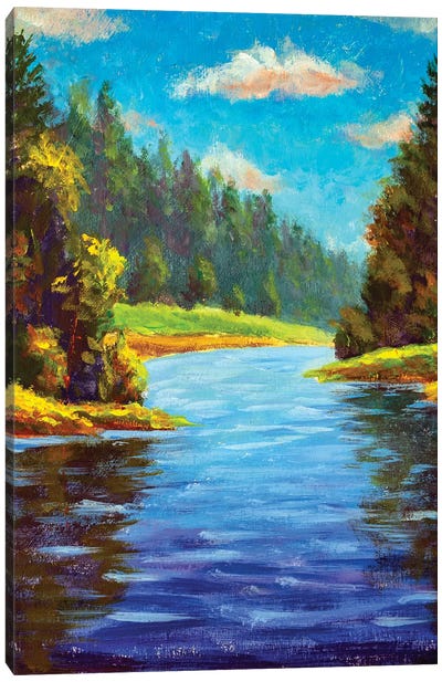 Summer Forest Landscape With River Canvas Art Print - Valery Rybakow