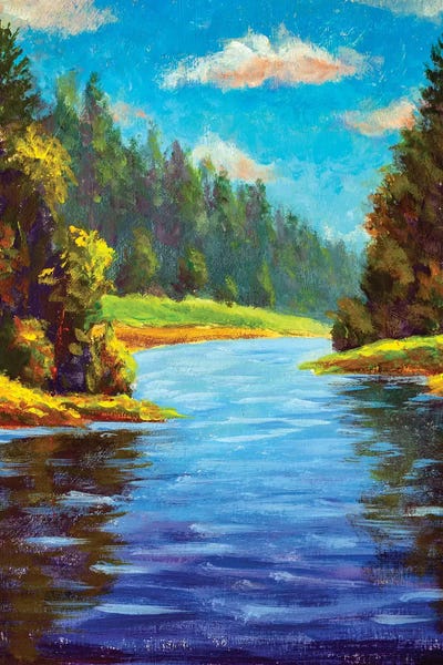 Pine Trees: Summer Forest Landscape With River by Valery Rybakow