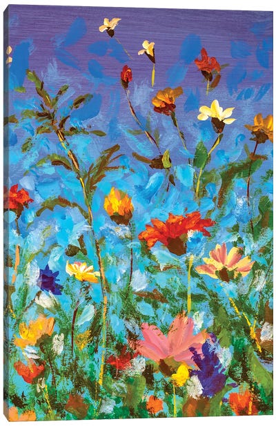 Spring Summer Red Yellow White Wildflowers On Blue Sky Canvas Art Print