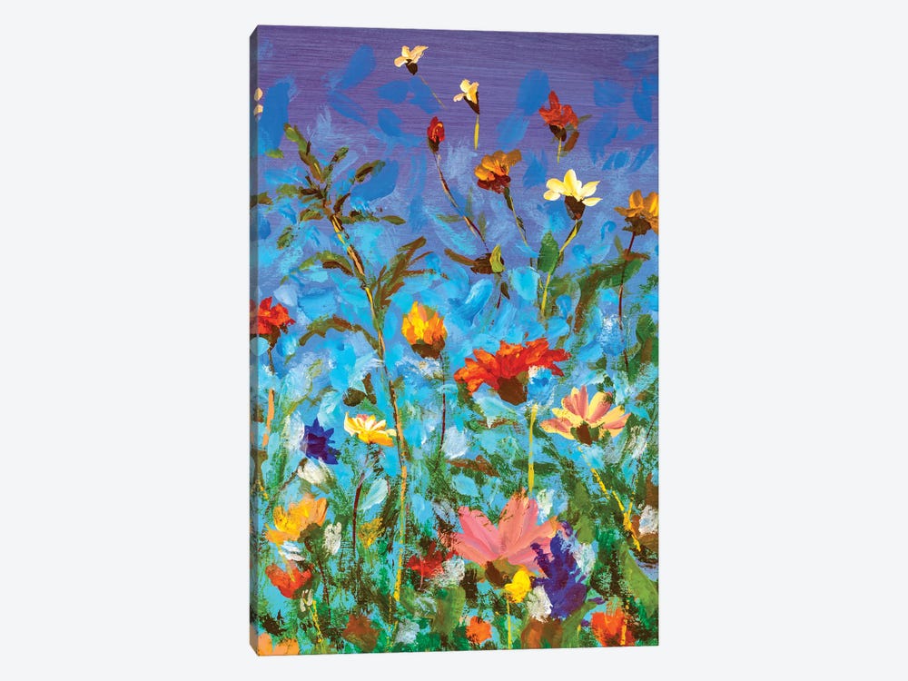Spring Summer Red Yellow White Wildflowers On Blue Sky 1-piece Canvas Art Print